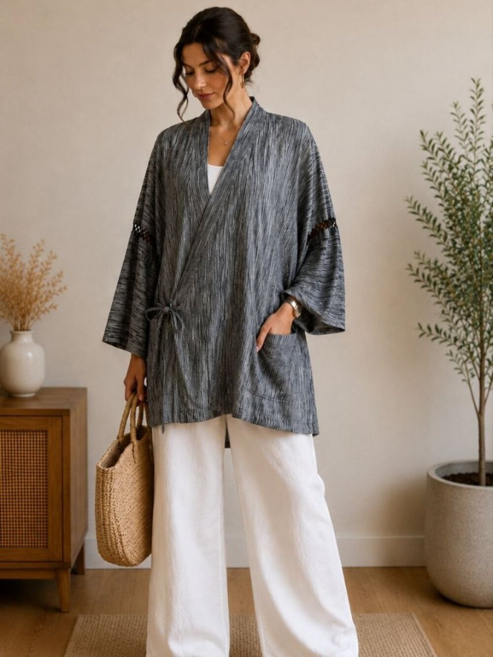 Women’s Gray Kimono Cardigan One Size Lightweight Open Front Boho Wrap Jacket